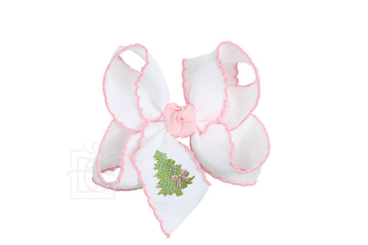 Beyond Creations Embroidered Crochet Bow - White/Light Pink Christmas Tree - Small