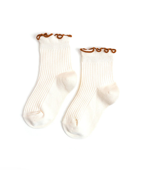 Little Stocking Co. - Ribbed Lettuce Trim Midi Sock - Ivory/Sugar Almond