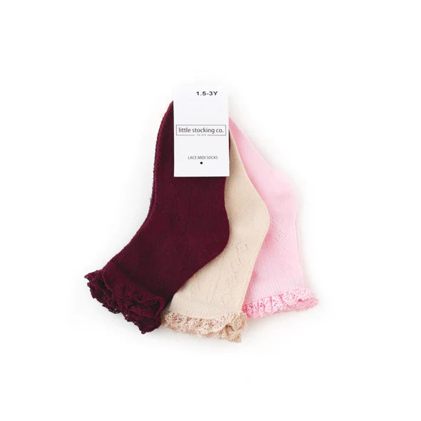 Little Stocking Co. 3-Pack Juliet Fancy Lace Midi Sock